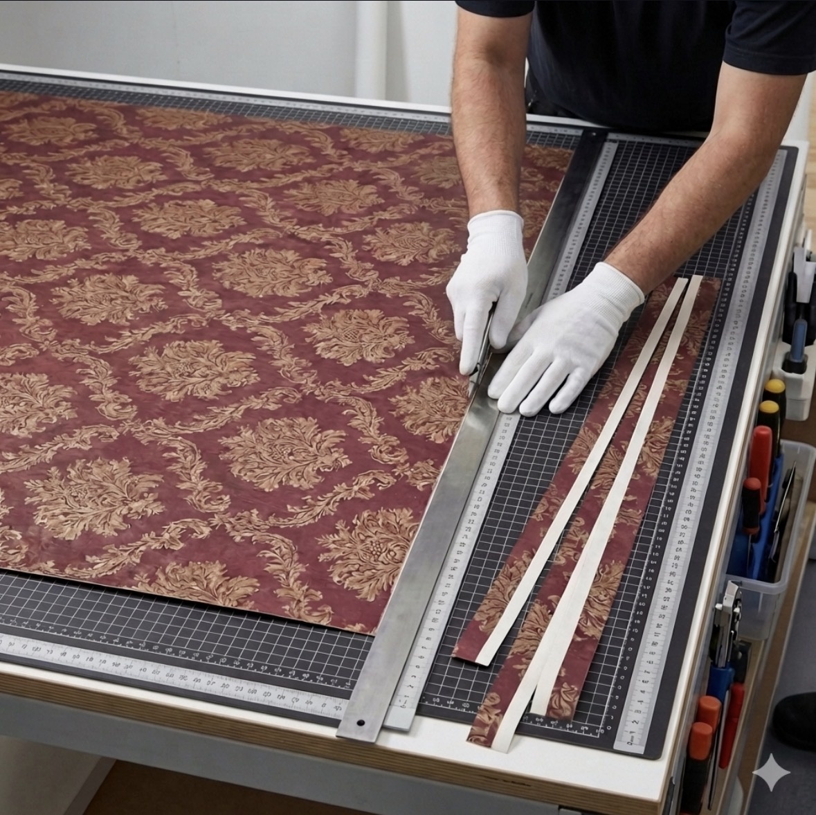 Professional table trimming setup with straightedge, knife, and trimmed selvage strips
